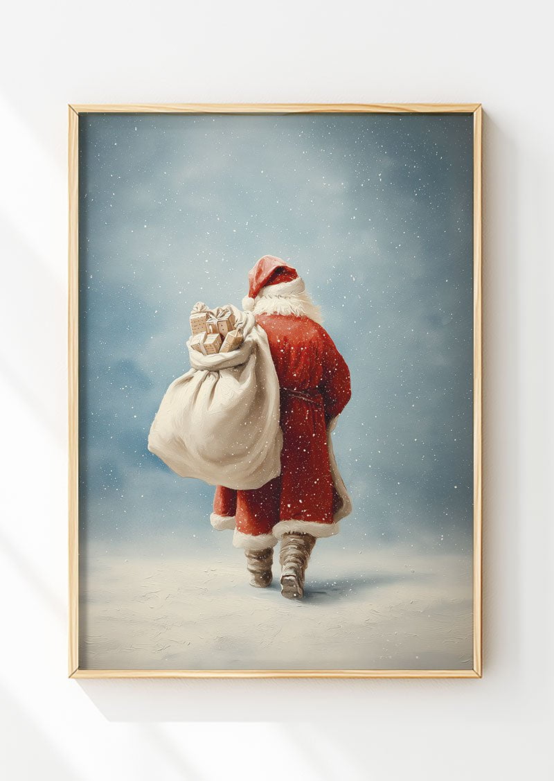 Affiche de noel d'une peinture graphique du père noel vu de dos, dans un cadre en bois