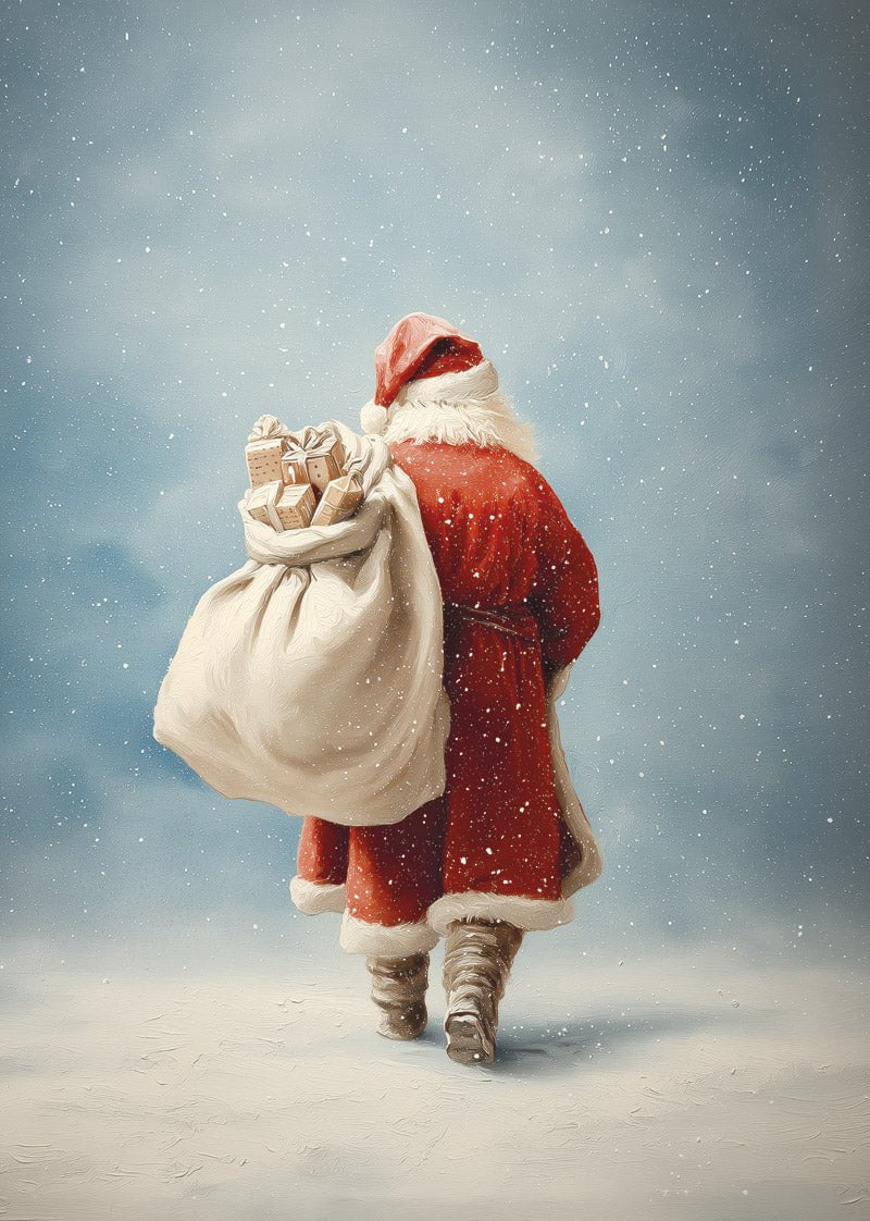 Affiche de Noel dessin à la tablette graphique du père noel vu de dos, décor enneigé