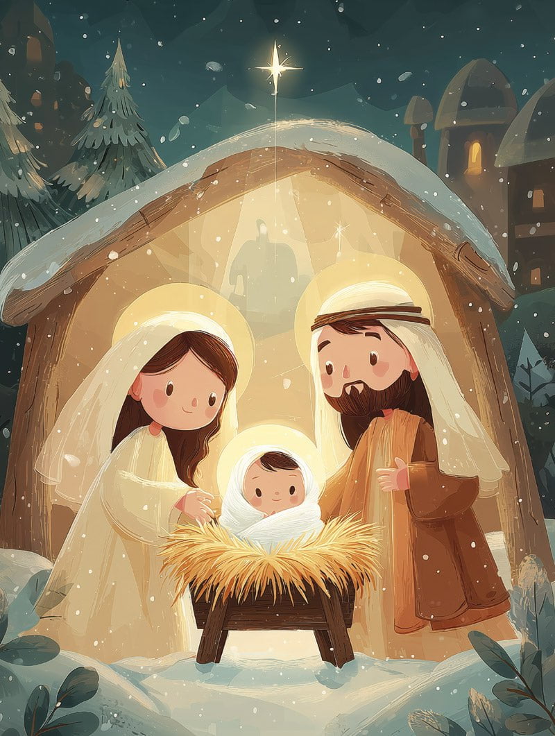 Poster de noel pour enfant représentant la scène de la nativité chrétienne en format 30x40cm
