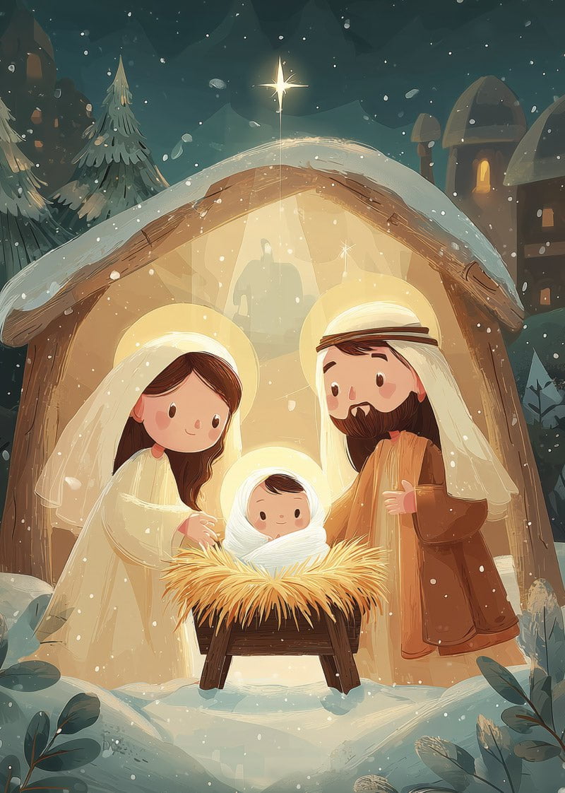 Affiche de noel pour enfant représentant la nativité avec Jésus, Marie et Joseph