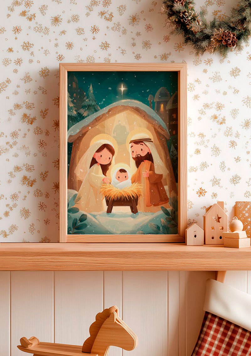 Mise en situation dans une chambre d'enfant de l'affiche de noel enfant encadrée de la nativité