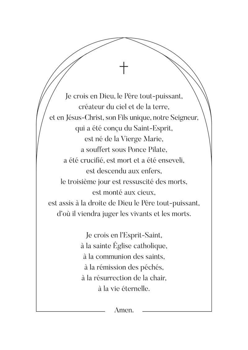 Affiche chrétienne illustrant la prière "le credo" dans une voute, avec une croix en haut du texte