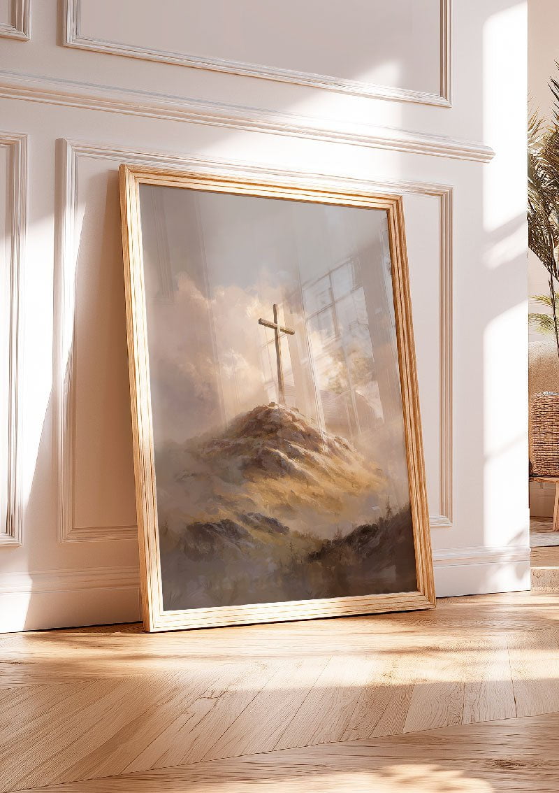 Affiche chrétienne peinture d'une croix au sommet d'une montagne encadrée et posé au sol