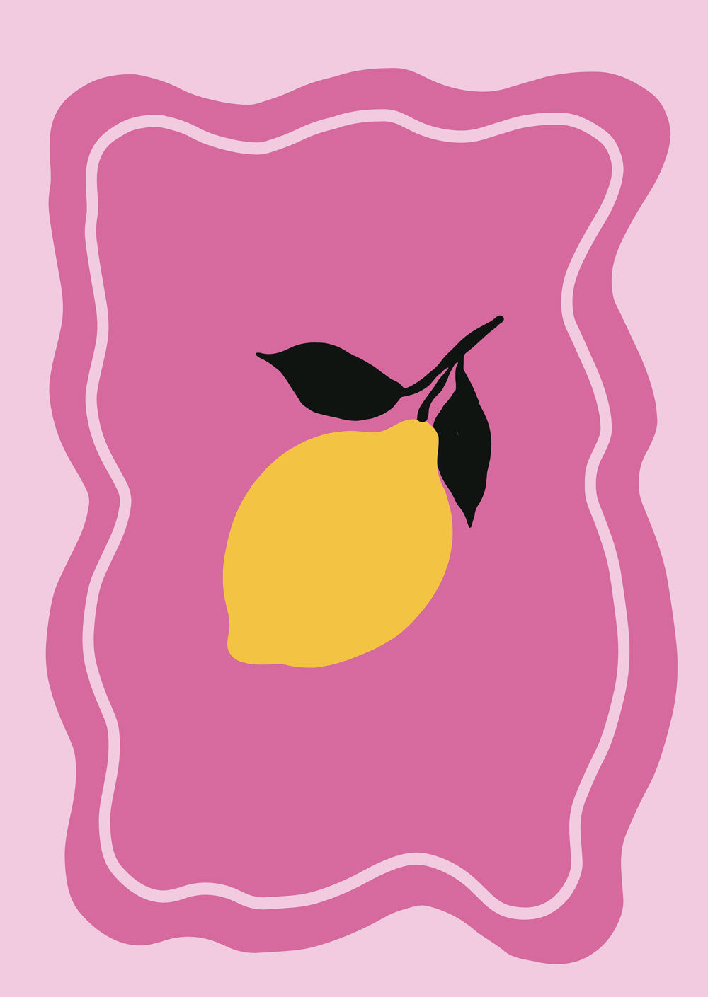 Affiche pop d'un citron jaune aux feuilles noires sur fond rose ondulé.