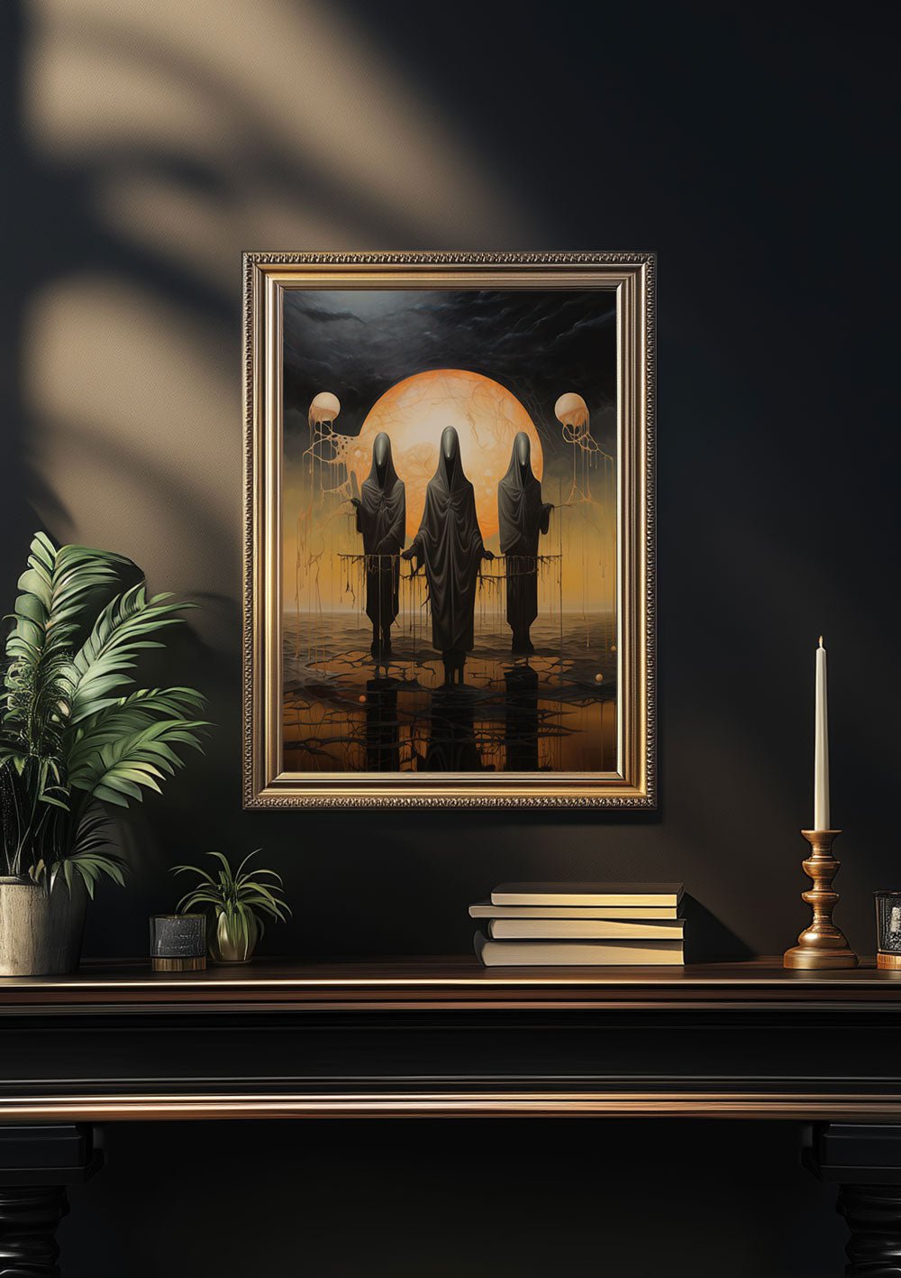 Mockup encadré de l'Affiche des 3 gardiens dans une décoration cabinet de curiosités.