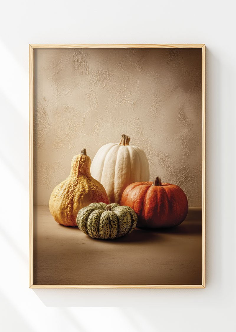 Affiche automne d'une photographie montrant quatre courges, mis en valeur dans un cadre