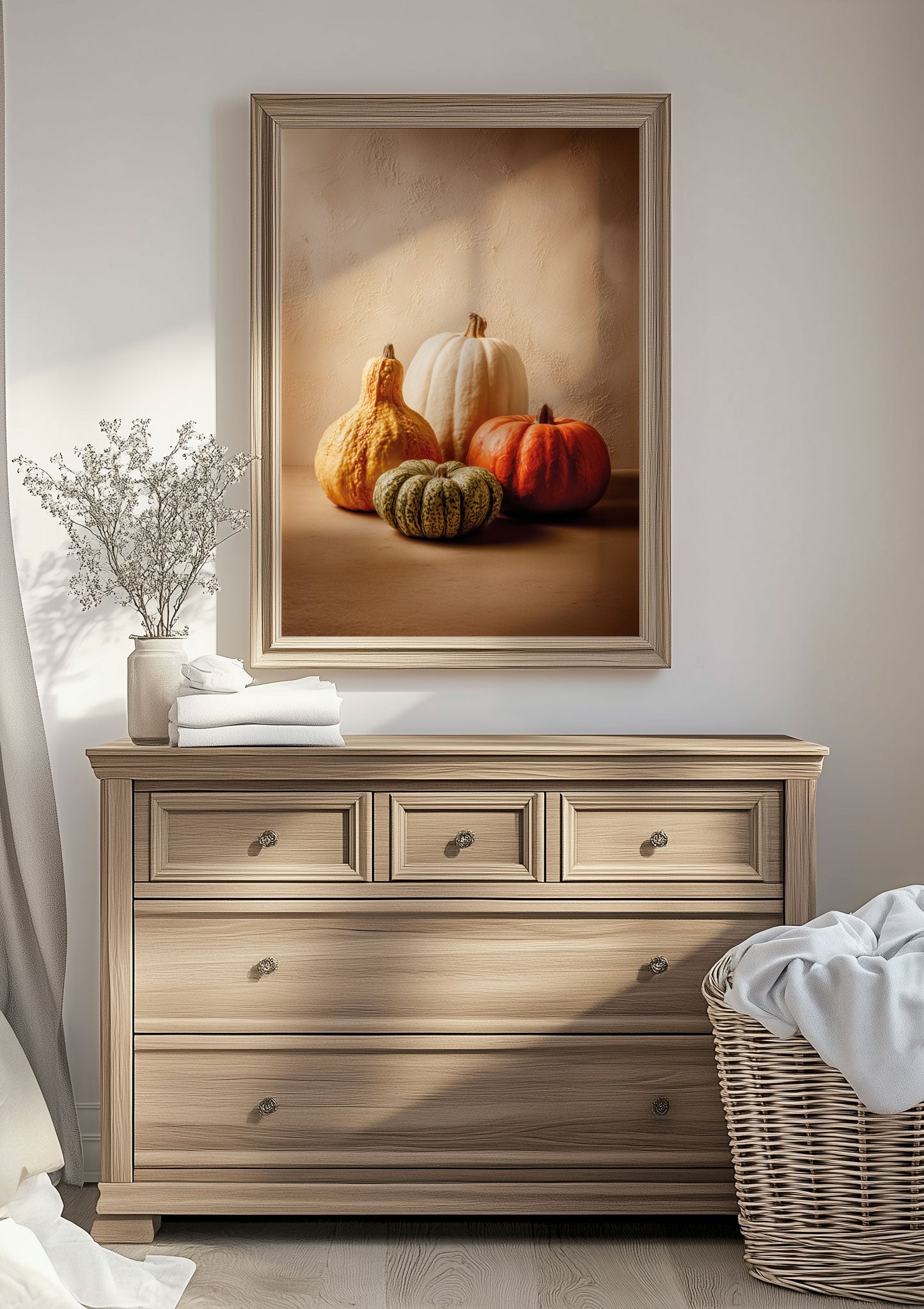 Affiche automne montrant 4 courges orange et beige, accrochée dans une chambre