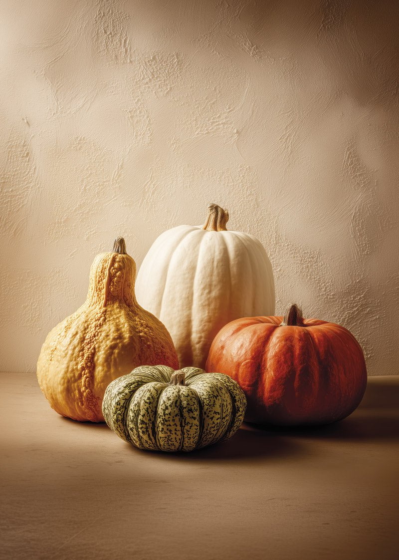 Affiche automne d'une photographie et quatre courges différentes aux couleurs chaudes, sur fond beige