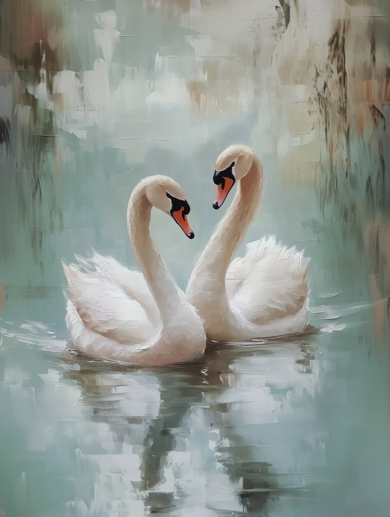 Poster peinture à l'huile de deux cygnes sur un lac en format 30x40cm
