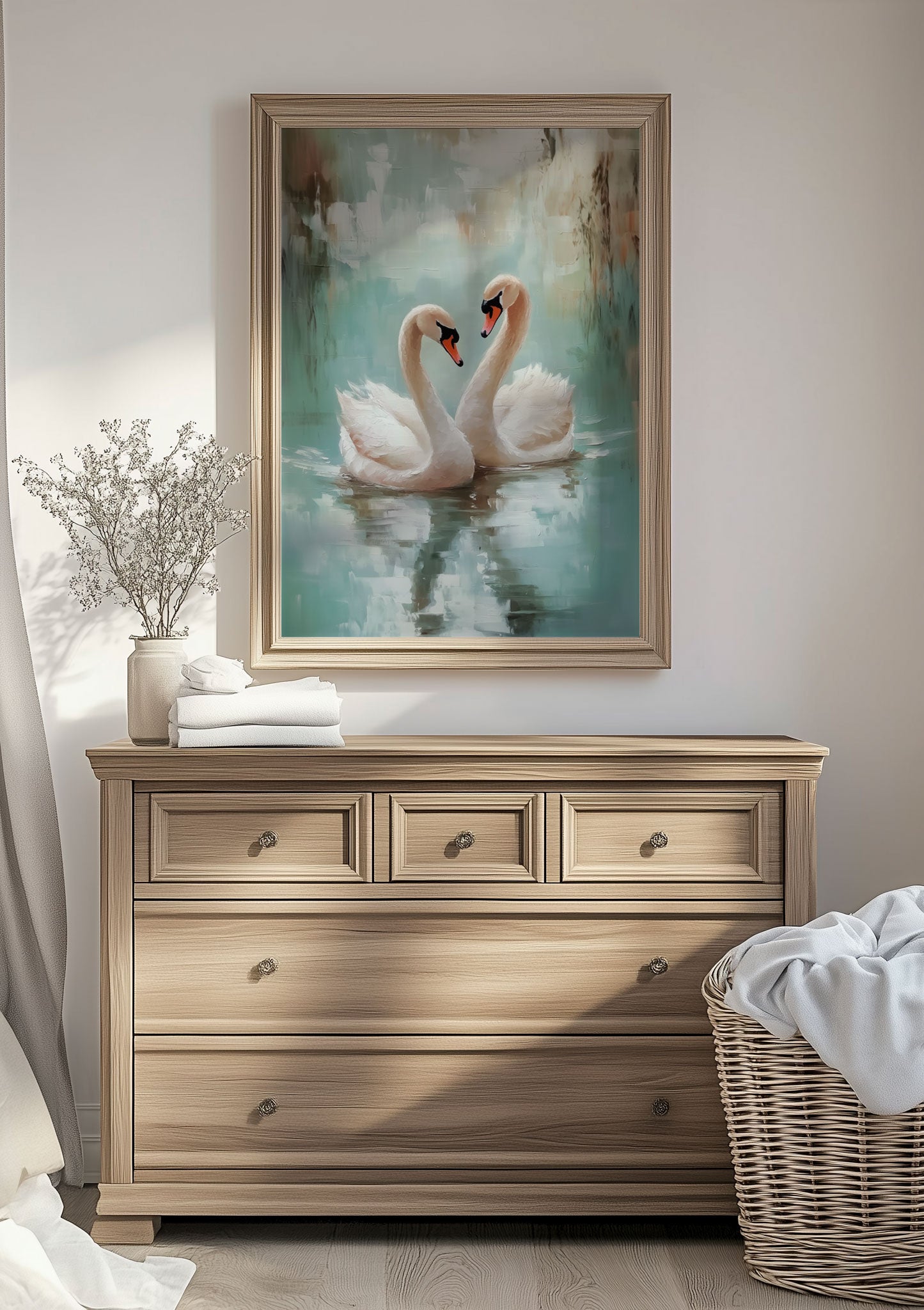 Affiche automne d'une peinture à l'huile représentant deux cygnes encadrée au dessus d'une commode