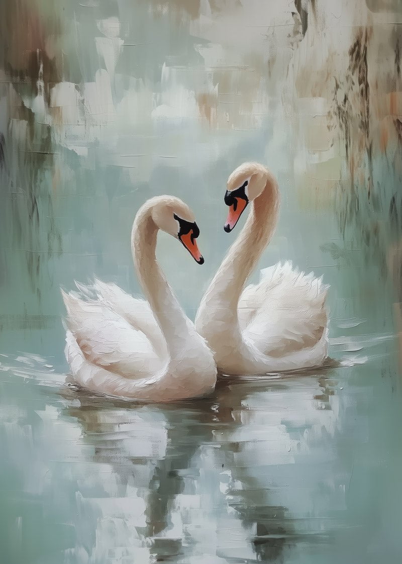 Affiche automne d'une peinture à l'huile représentant deux cygnes sur un lac bleu ciel