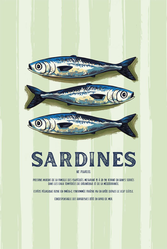 Poster été les sardines sur fond vert rayé et typo en format 40x60cm