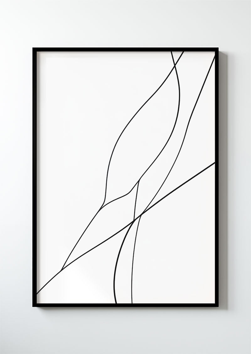 Poster contemporain représentant des lignes noires organiques sur fond blanc encadré dans un cadre.