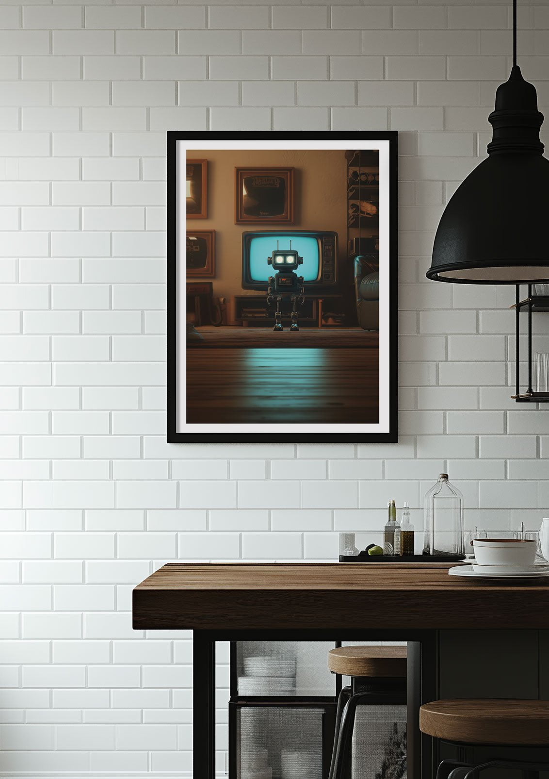 Affiche vintage d'un petit robot devant une télé, encadrée sur le mur d'une cuisine.