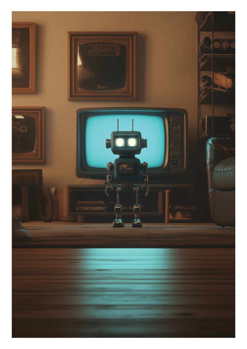 Affiche vintage d'un petit robot se tenant devant un vieux téléviseur, teintes sombres.
