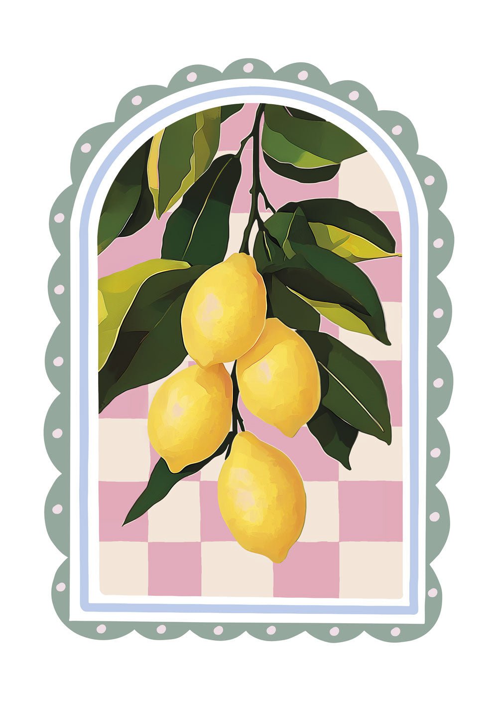 Affiche été montrant une branche avec des citrons de sicile, sur fond damier rose.