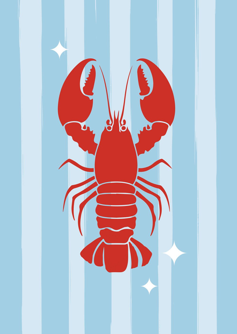 Affiche funky homard rouge sur fond rayé bleu et bleu clair.