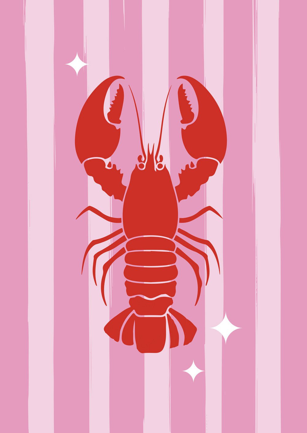 Affiche pop homard rouge sur fond rayé rose clair et foncé.