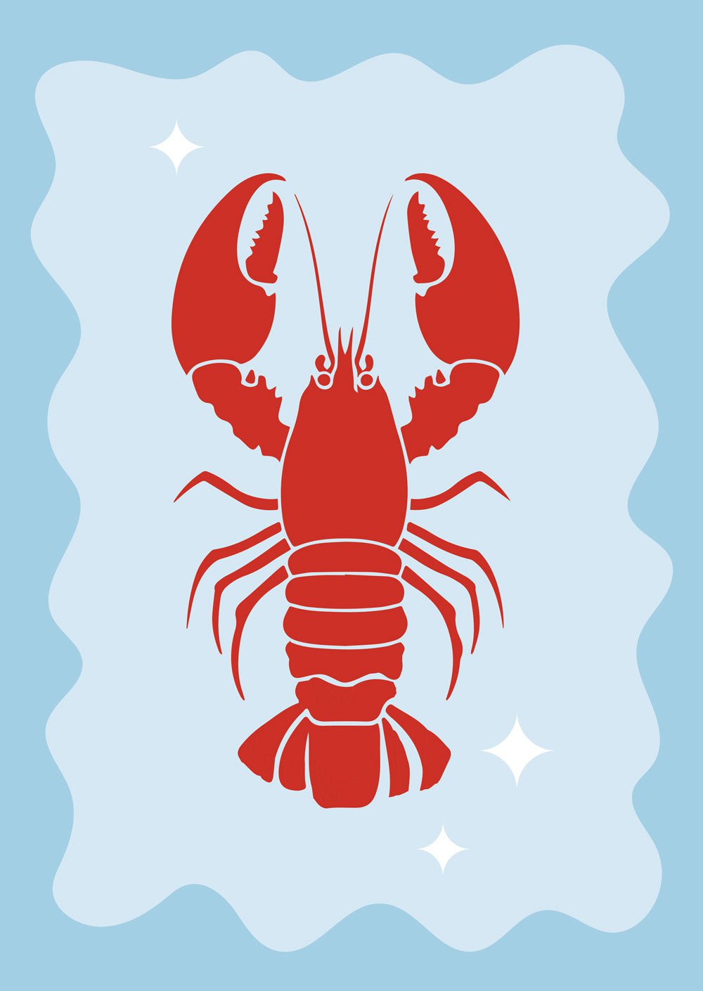 Affiche pop homard rouge sur fond bleu ciel et bordure ondulée bleue.