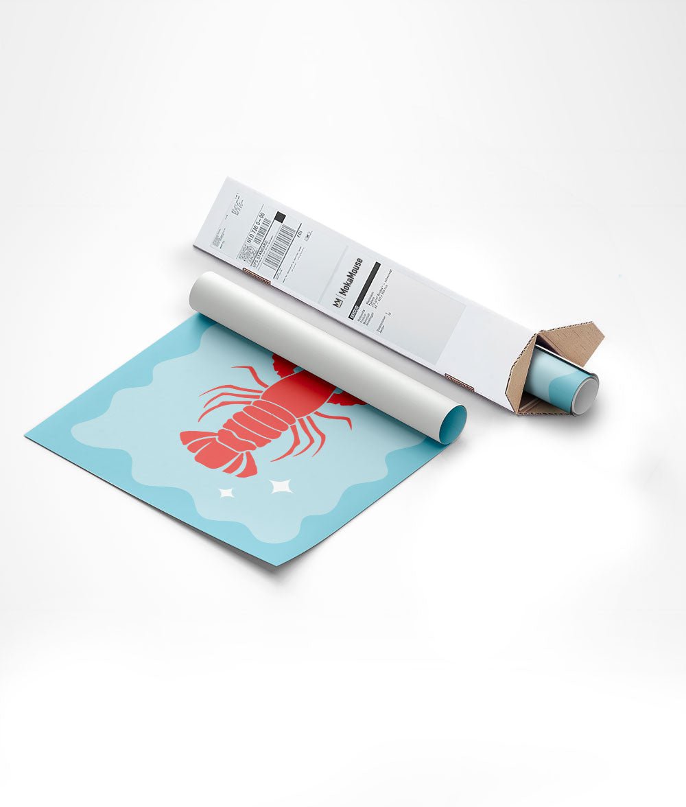 Emballage du poster homard fond bleu bord ondulé dans carton triangulaire