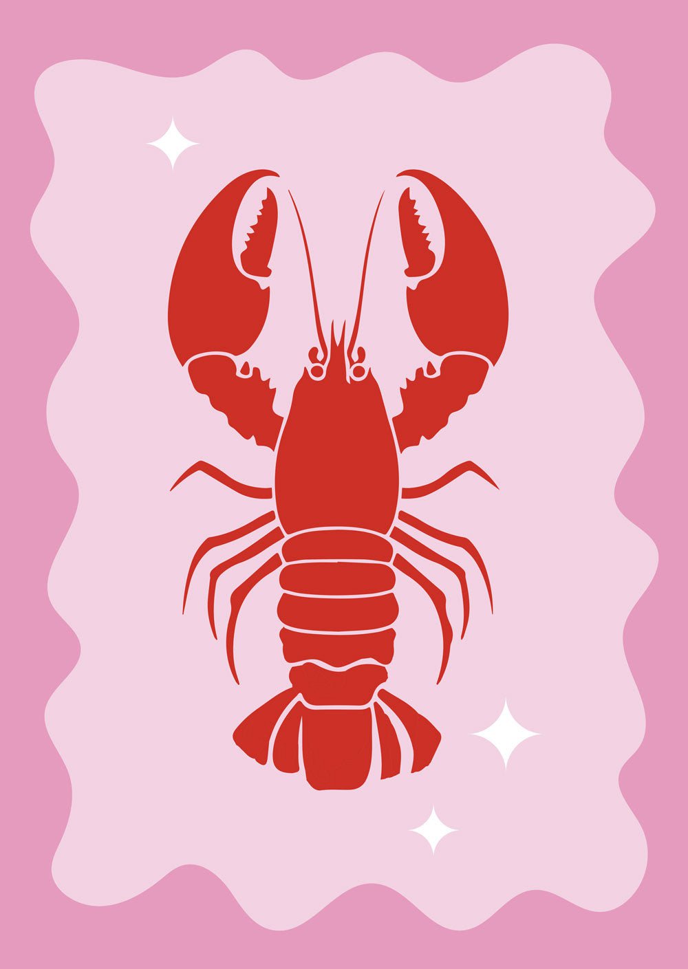 Affiche pop homard rouge sur fond rose pale à bordure ondulée rose.