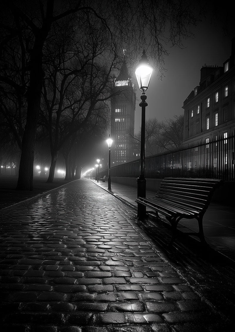Affiche photographie noir et blanc d'une rue pavée d'un banc la nuit à londres