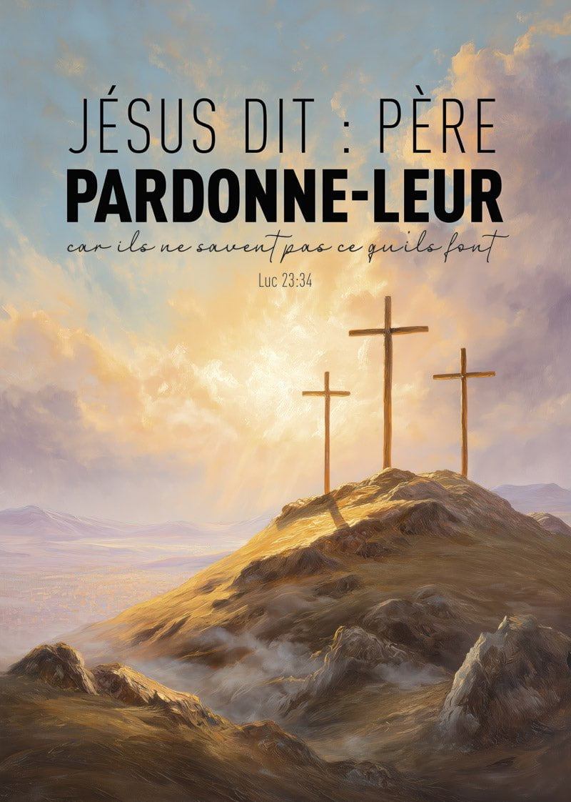 Affiche chrétienne représentant la montagne du calvaire avec le verset biblique de luc 23:34