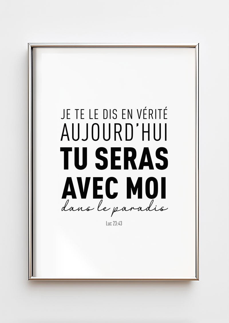 Affiche chrétienne d'un verset de la bible typographie noir sur blanc dans un cadre chromé