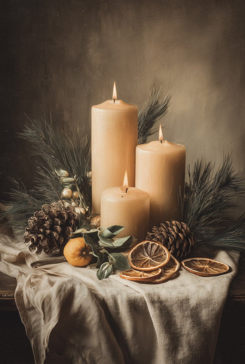 Format 40x60cm de l'affiche hiver avec des bougies et des rondelles d'oranges