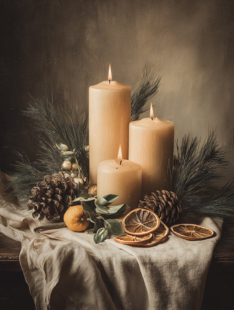 Poster de noel avec des bougies sur une table et une composition hivernale en format 30x40cm