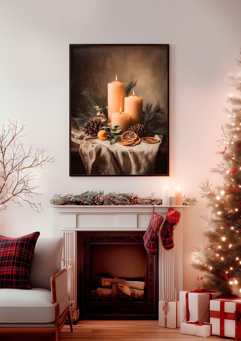 Mise en situation dans un salon décorée de l'affiche de noel illustrant trois bougies sur une table