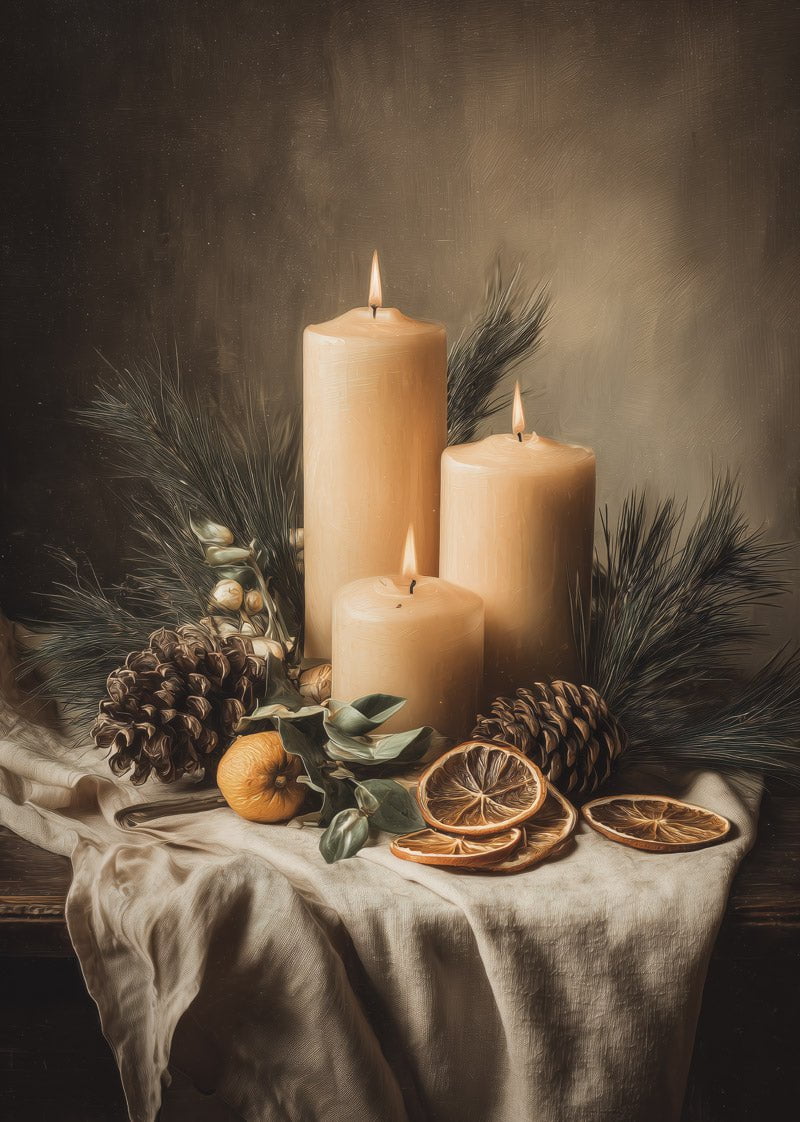 Affiche de noel illustrant 3 bougies sur une table avec pommes de pin, rondelles d'oranges