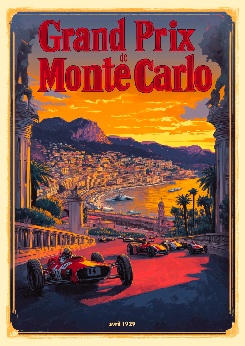 Affiche vintage du grand prix de Monte Carlo montrant une course de bolides avec une vue.