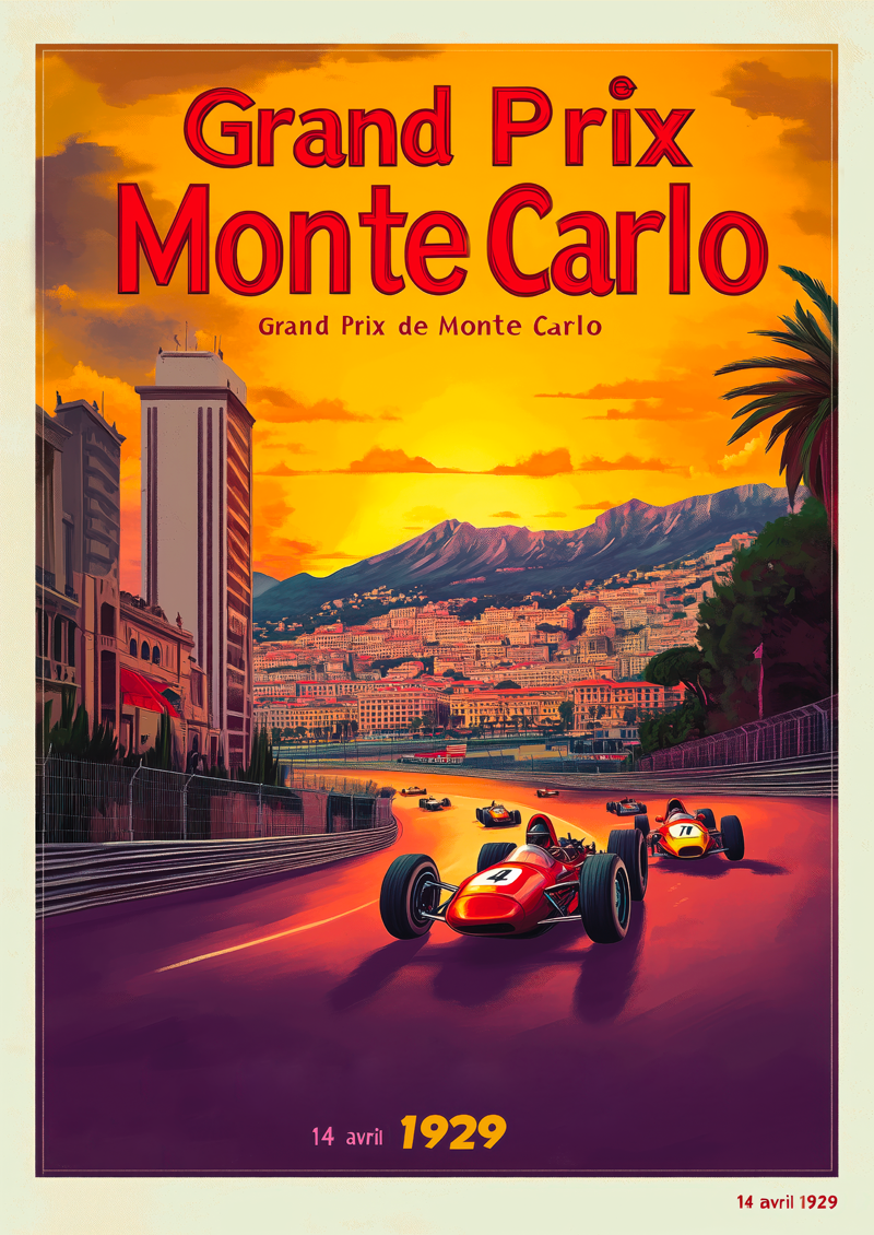 Affiche vintage du grand prix de Monte-Carlo, dans les tons de orange et violet.