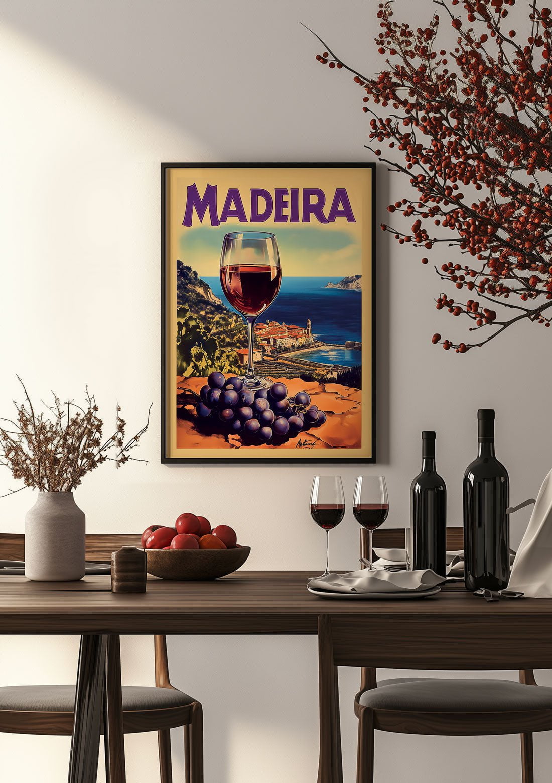 Affiche vintage vin de madère mise en situation dans une salle à manger.