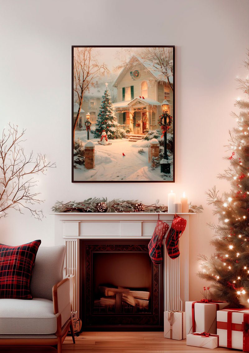 Mise en situation dans un décor de fête de l'affiche de noel de la maison décorée et illuminée