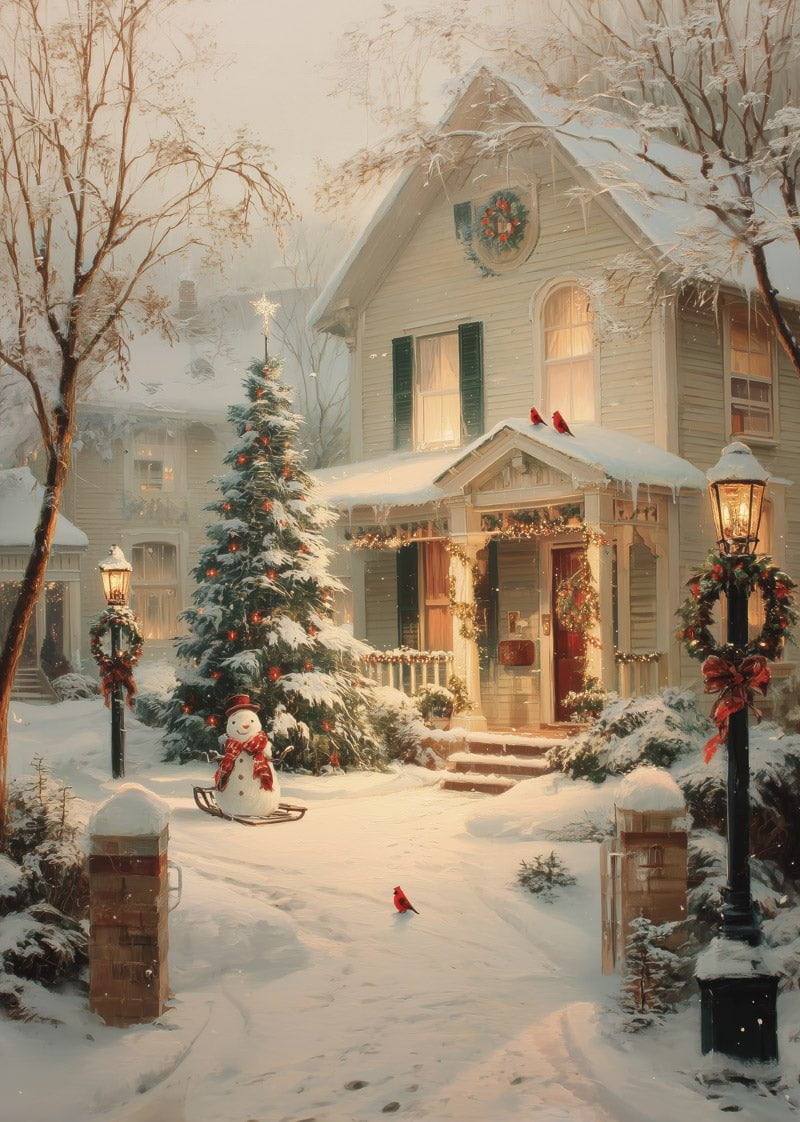 Affiche de noel illustrant une maison décorée et illuminée pour les fêtes, avec un sapin et de la neige