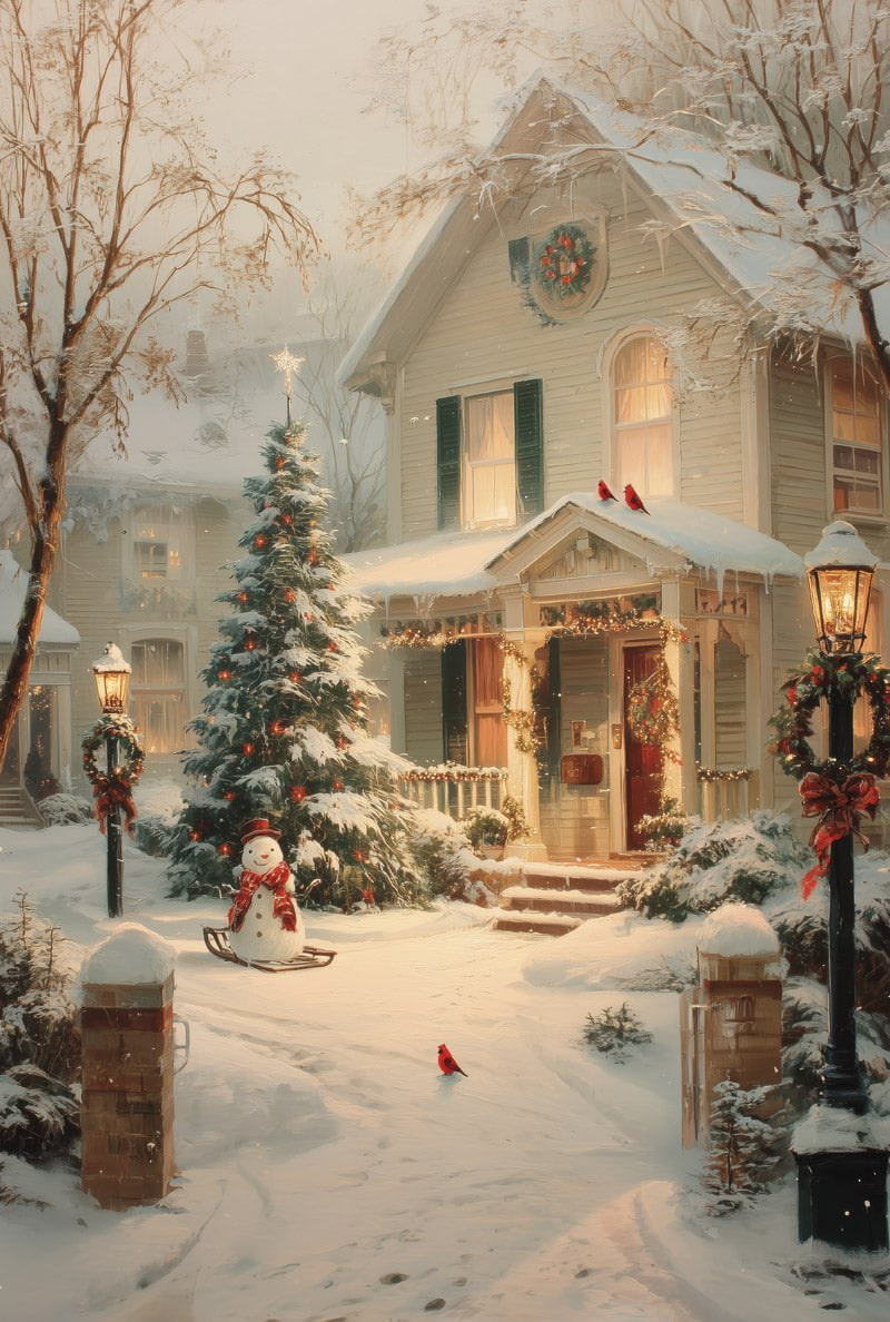 Poster de noel illustrant une maison décorée et d'un extérieur enneigée avec un bonhomme de neige