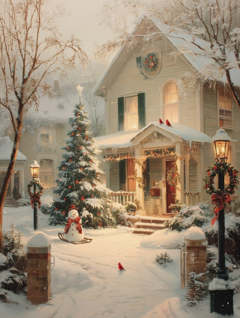 Format 30x40cm du poster illustrant une maison enneigée et illuminée pour noel