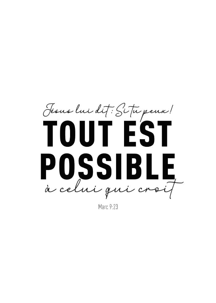 Poster chrétien verset de la bible Marc 9:23 en typographie noir sur fond blanc