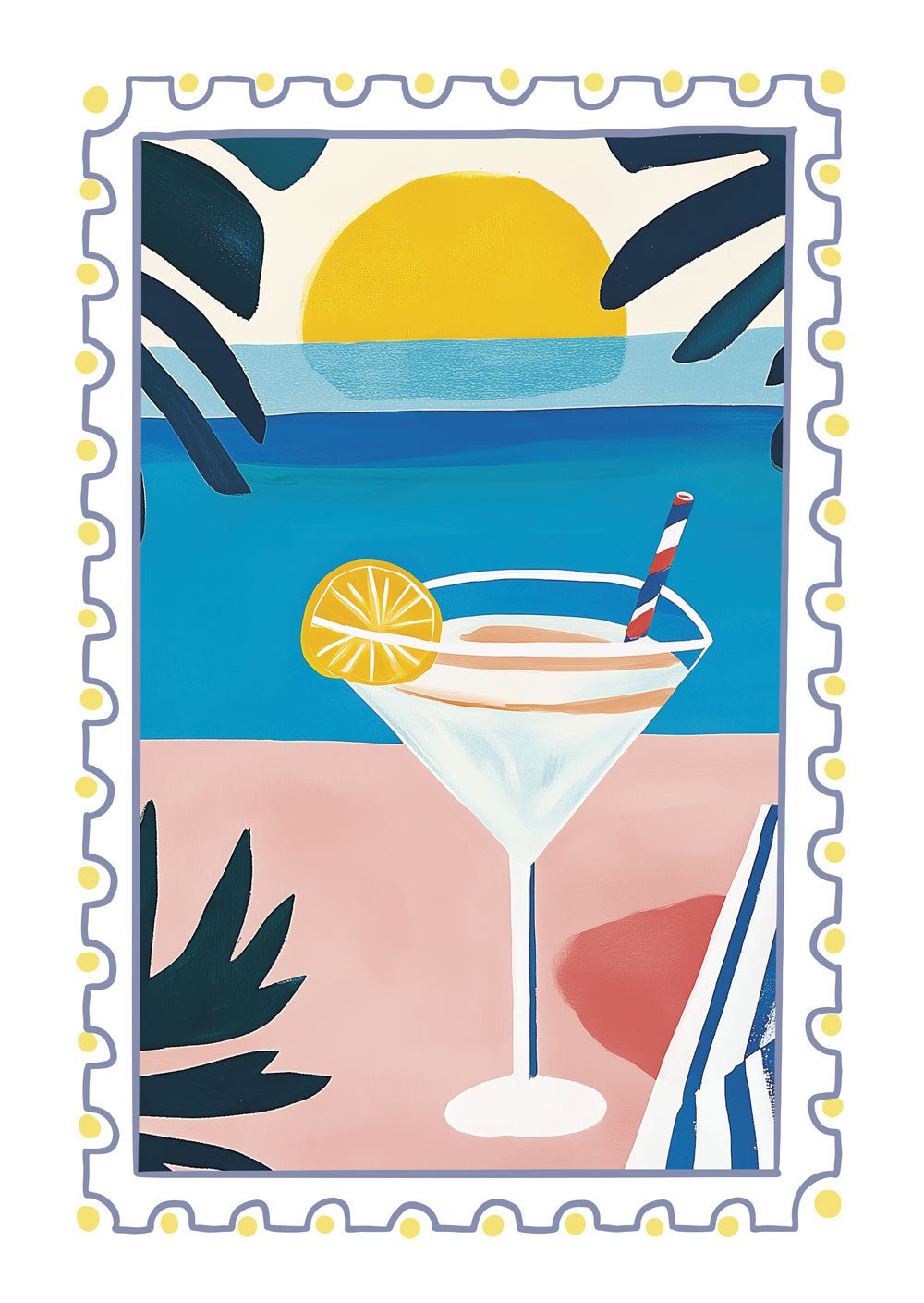 Affiche murale été d'un martini glacé, vue sur la mer et un coucher de soleil