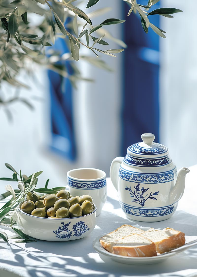 Affiche cuisine d'une photo d'un bol d'olives, de pain et d'un service à thé bleu