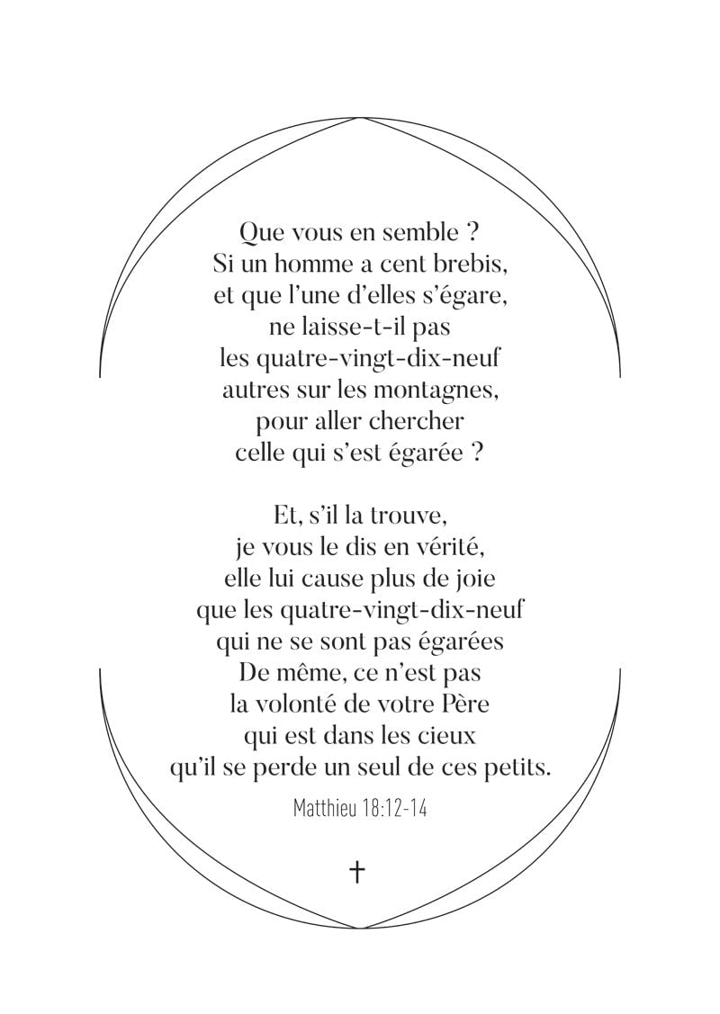 Affiche chrétienne du verset de la bible matthieu 18:12-14 en typo noir sur fond blanc, dans une ogive noire