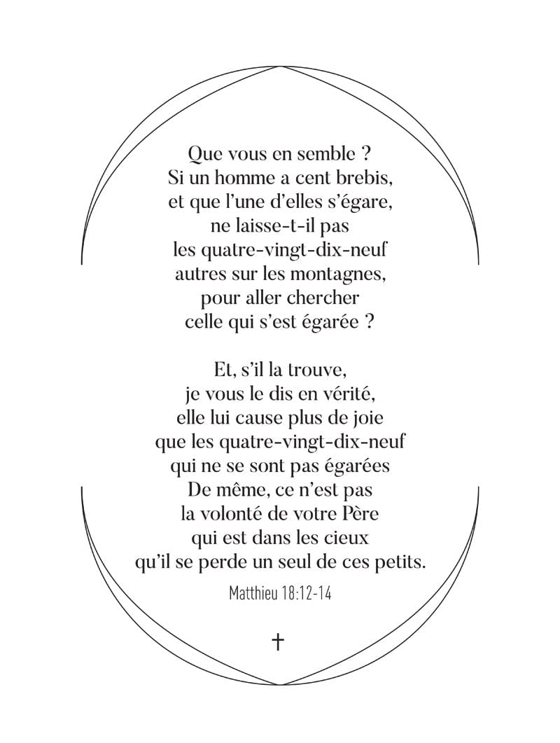 Format 30x40cm de l'affiche typographie du verset biblique de matthieu 18:12-14 écrite noir sur blanc