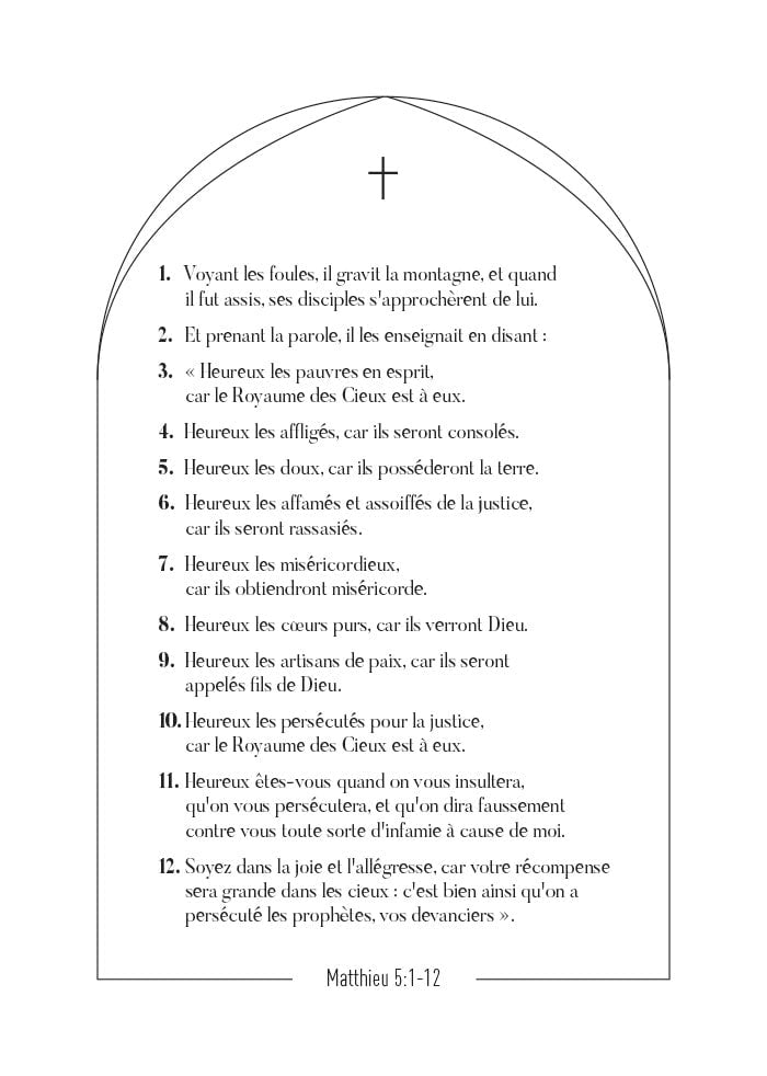 Affiche chrétienne du verset de la bible Matthieu 5:1-12 en typo noir sur fond blanc avec une arche