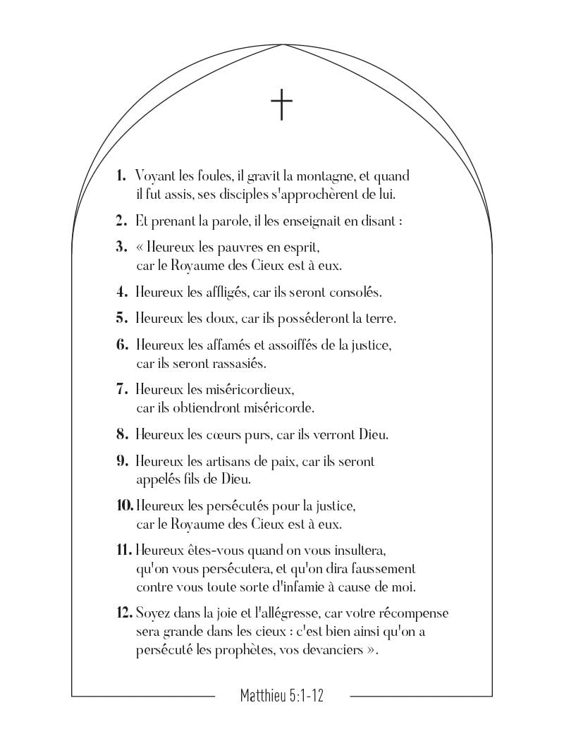 Poster citation du verset de la bible Matthieu 5:1-12 texte dans une arche noire en format 30x40cm
