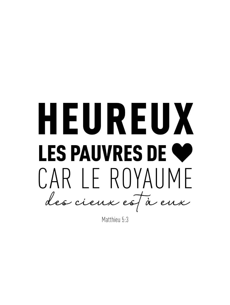 Affiche citation verset biblique "heureux les pauvres de coeur" en format 30x40cm