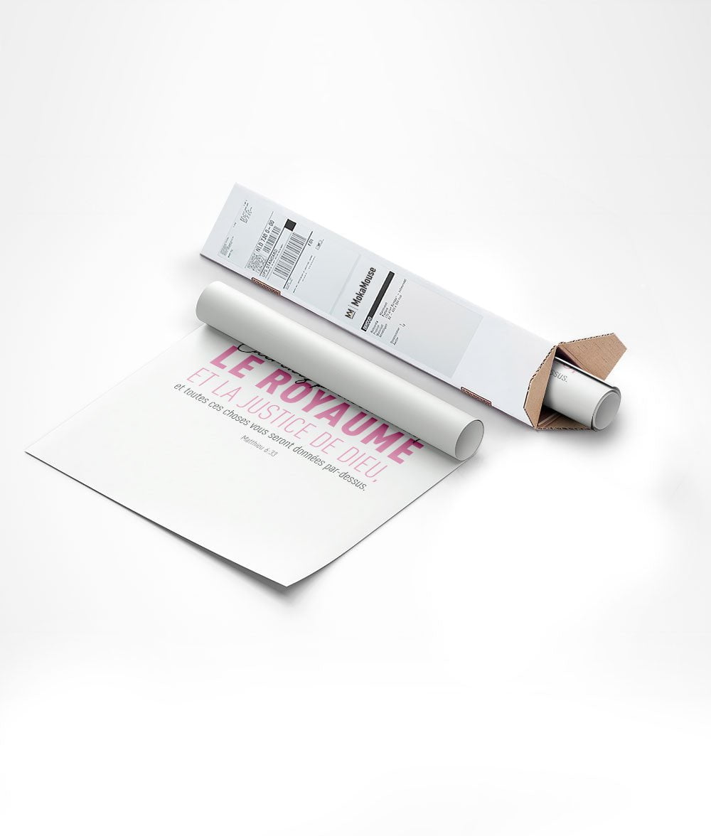 Poster religion du verset Matthieu en typo rose dans un carton triangulaire