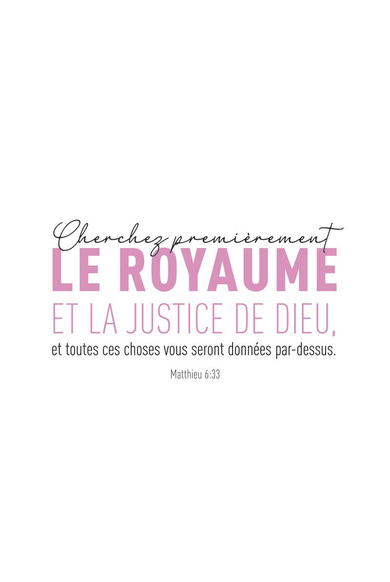 Affiche typographie Matthieu 6:33 en typo rose, format 40x60 cm