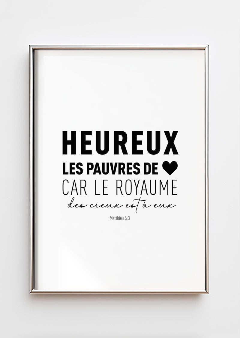 Affiche chrétienne du verset de la bible matthieu 5:3 écrit en noir sur blanc, dans un cadre chrome